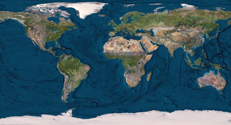 Flat 3D map of Earth with detailed landforms and accurate geographic features.