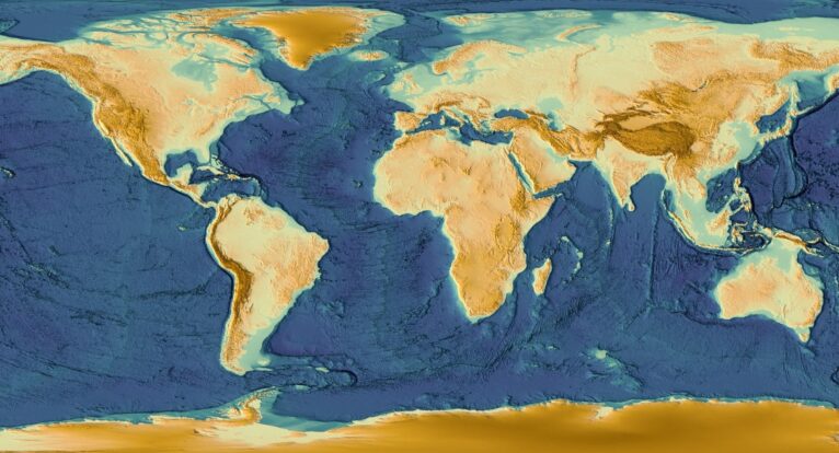 Close-up of elevation models on the flat 3D world map.