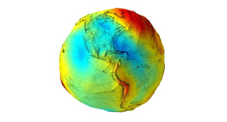 Earth gravity map with red and blue color-coded gravity values