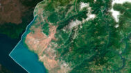 Satellite view of Albania highlighting mountainous regions and coastal areas.