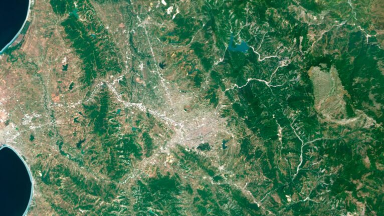 Decorative piece featuring an albania satellite map of natural landscapes.