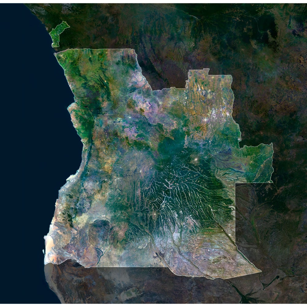 Angola Satellite Map - Detailed Topography High-resolution Angola satellite map displaying detailed topography.