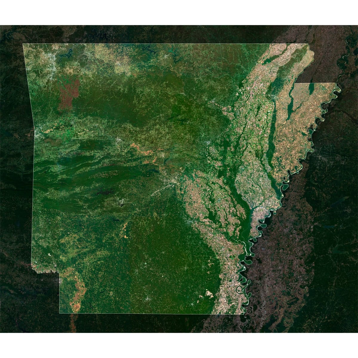 High-Resolution Arkansas Satellite Imagery High-resolution satellite imagery of Arkansas showcasing detailed topography and natural features.
