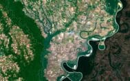 Decorative piece featuring a satellite view of Arkansas’s landscapes and topography.