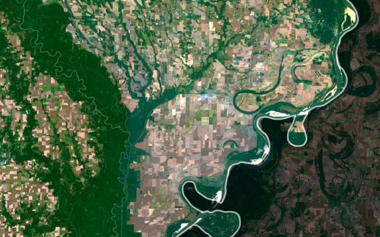 Decorative piece featuring a satellite view of Arkansas’s landscapes and topography.