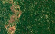 Detailed satellite view of Arkansas used for educational purposes, showing terrain and land use.