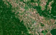 Arkansas satellite map highlighting major landmarks, rivers, and geographical features.