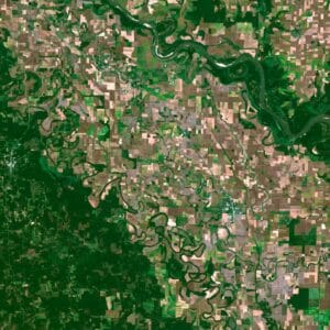 Arkansas satellite map highlighting major landmarks, rivers, and geographical features.