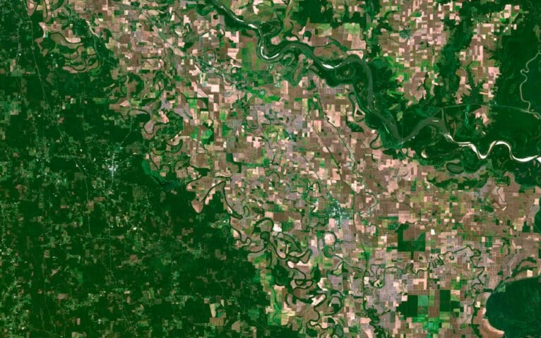 Arkansas satellite map highlighting major landmarks, rivers, and geographical features.