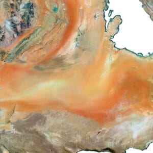 A satellite map displaying geospatial data, highlighting Asia’s natural and urban landscapes.