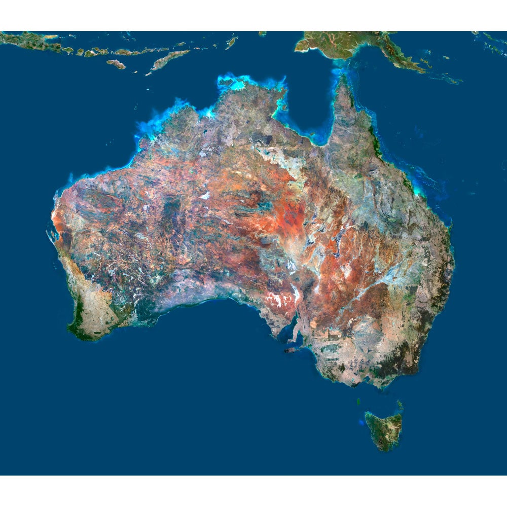 Australia Satellite Map - Detailed Topography High-resolution australia satellite map displaying detailed topography.