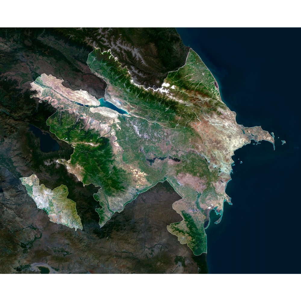 Azerbaijan Satellite Map - Detailed Topography High-resolution Azerbaijan satellite map showing detailed topography and landscape features.
