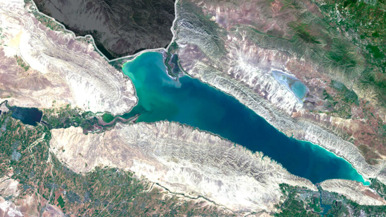 Satellite view of Azerbaijan highlighting diverse landscapes from mountains to coastal areas.