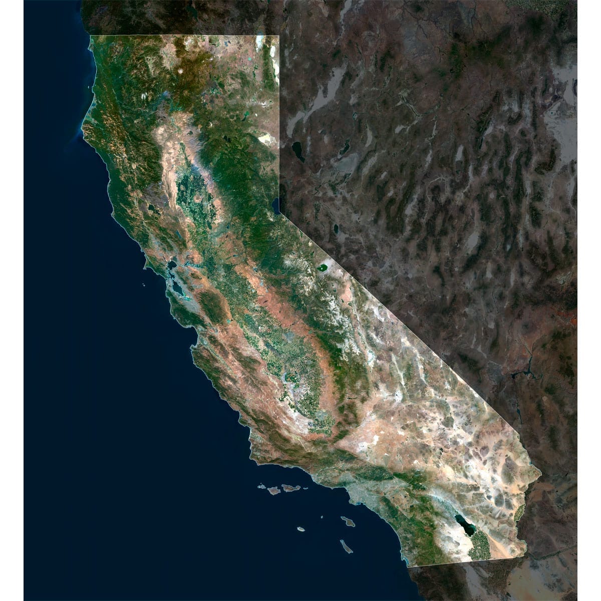 High-Resolution California Satellite Imagery High-resolution California satellite imagery displaying detailed topography and natural features.
