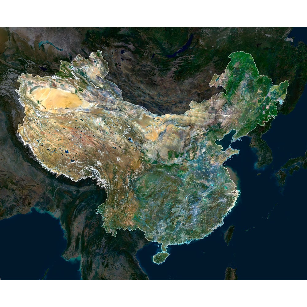 China Satellite Map - Detailed Topography High-resolution china satellite map displaying detailed topography.