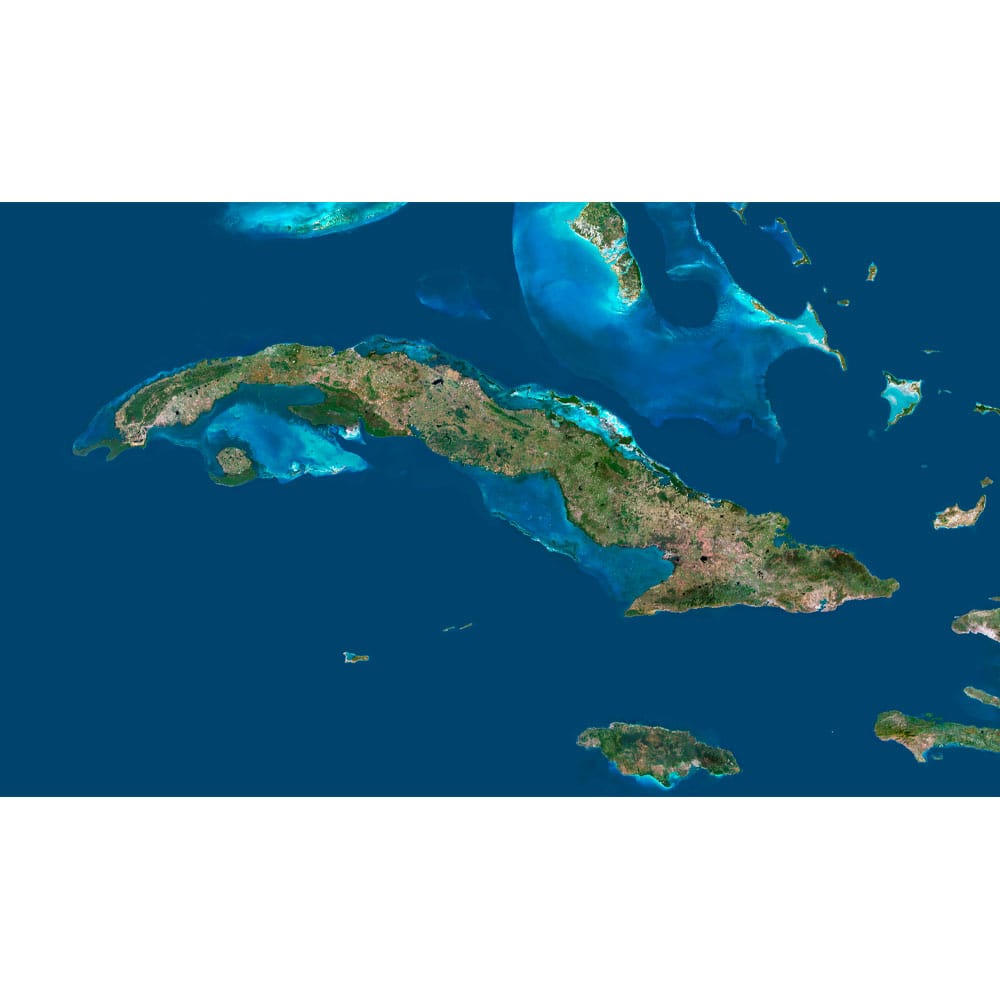Cuba Satellite Map - Detailed Topography High-resolution cuba satellite map displaying detailed topography.