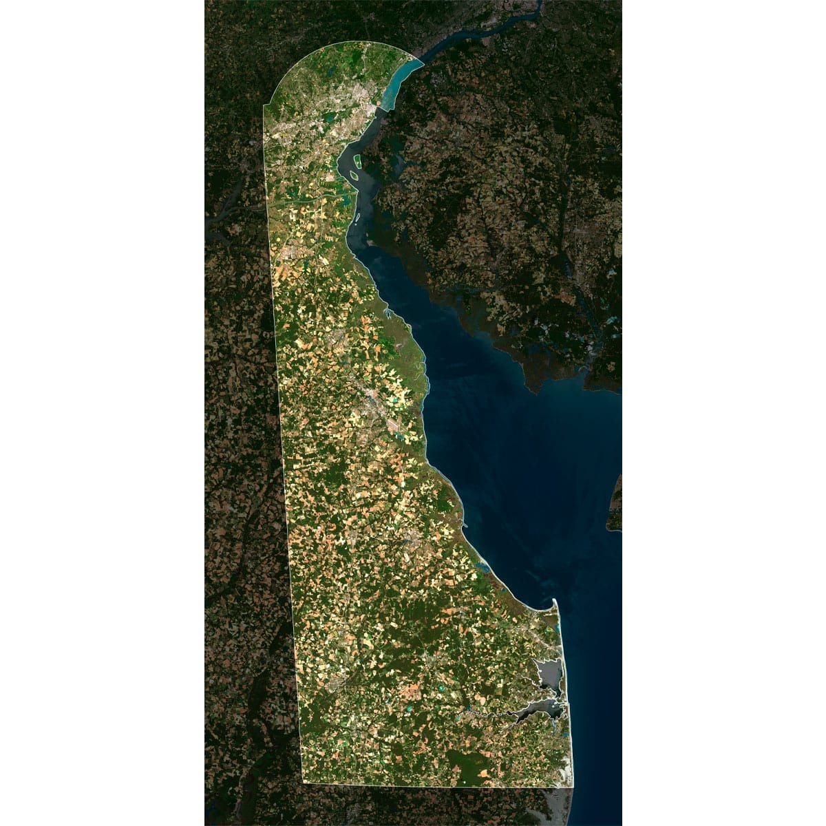 High-Resolution Delaware Satellite Map High-resolution Delaware satellite imagery displaying detailed topography.