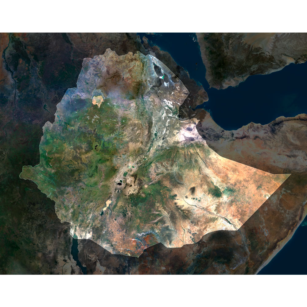 Ethiopia Satellite Map - Detailed Topography High-resolution Ethiopia satellite map displaying detailed topography.