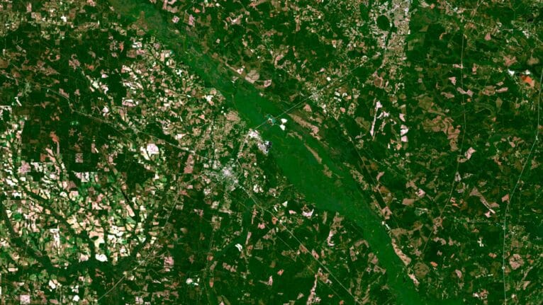Decorative piece featuring a Georgia satellite map with natural landscapes.