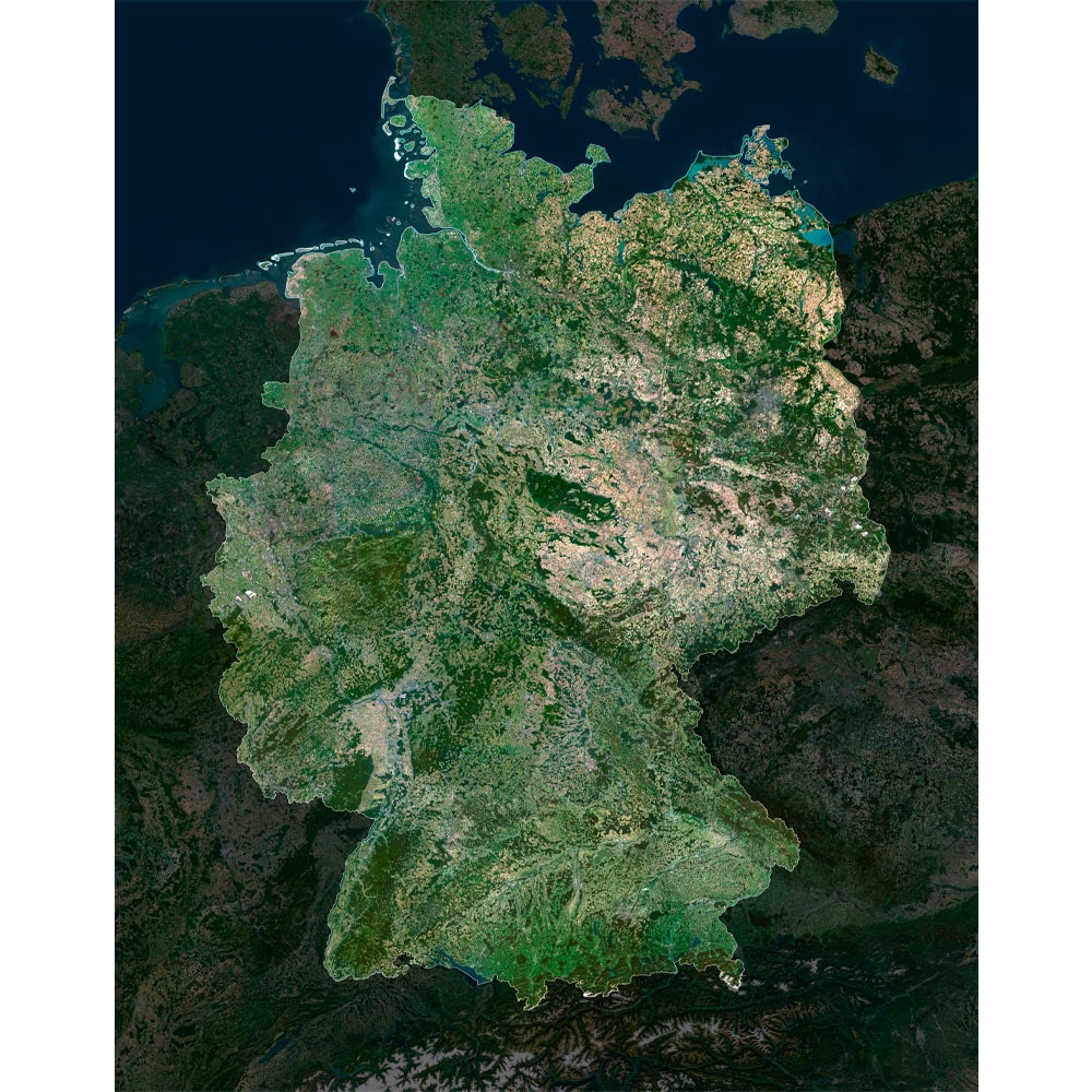 Germany Satellite Map - Detailed Topography High-resolution Germany satellite map displaying detailed topography.