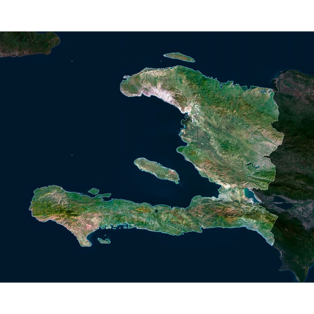 Haiti Satellite Map - Detailed Topography High-resolution Haiti satellite map displaying detailed topography.