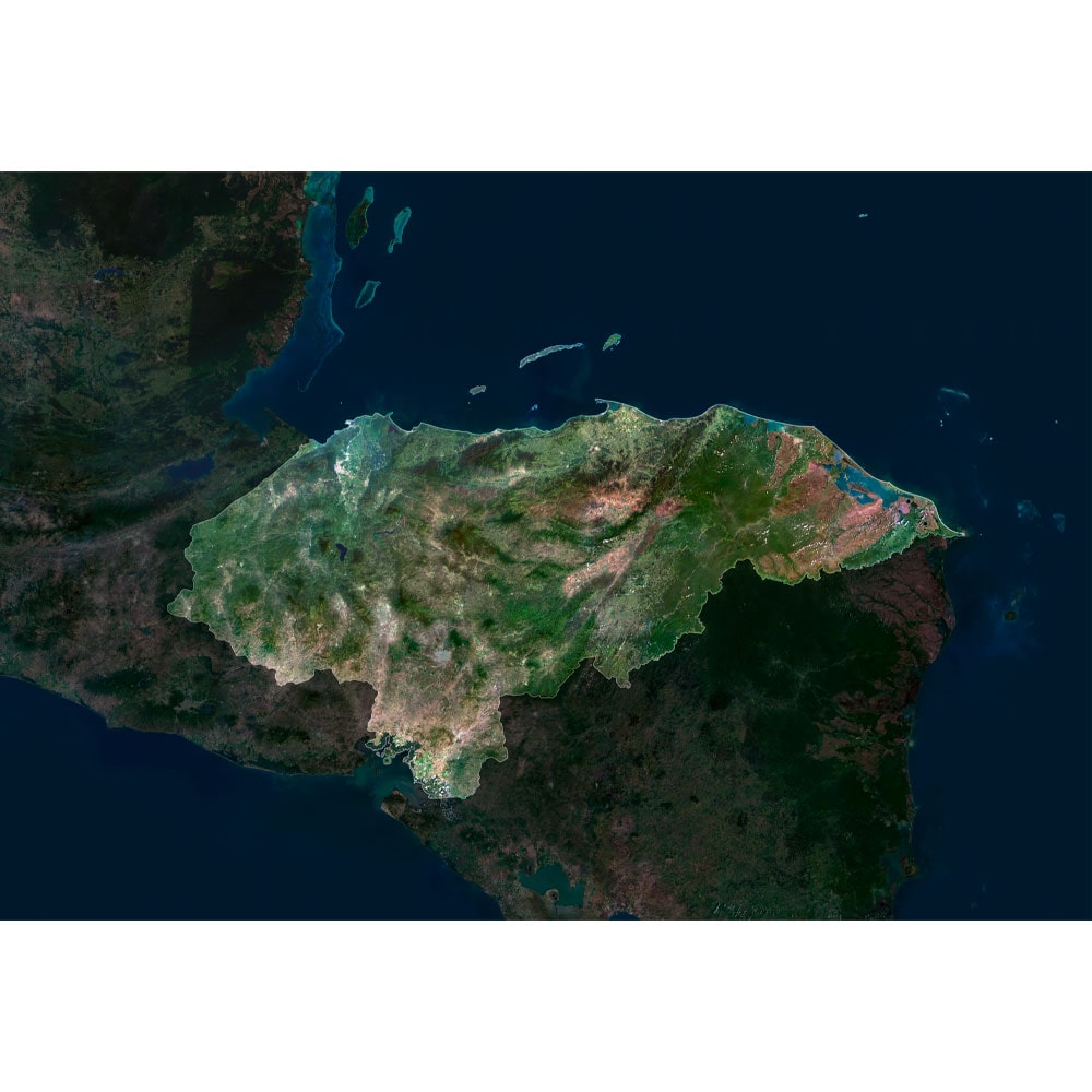 Honduras Satellite Map - Detailed Topography High-resolution Honduras satellite map displaying detailed topography.