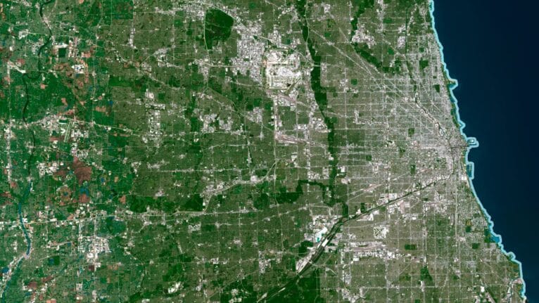 Detailed satellite view of Illinois used for educational purposes.