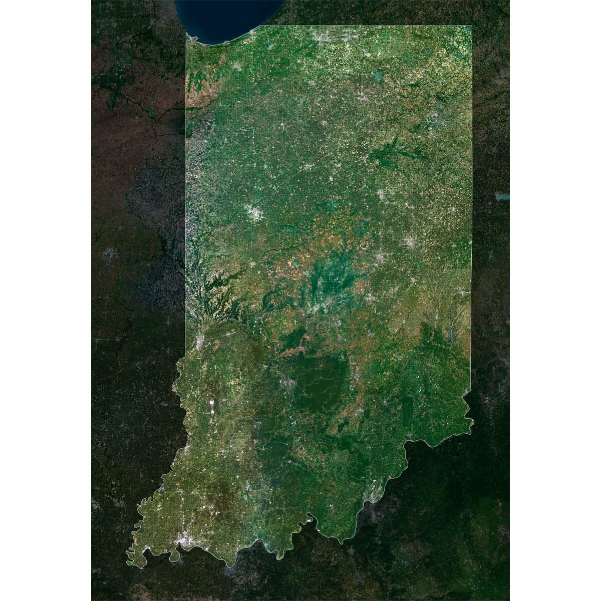 Indiana Satellite Map Highlighting Features Indiana satellite map highlighting major landmarks and geographical features.