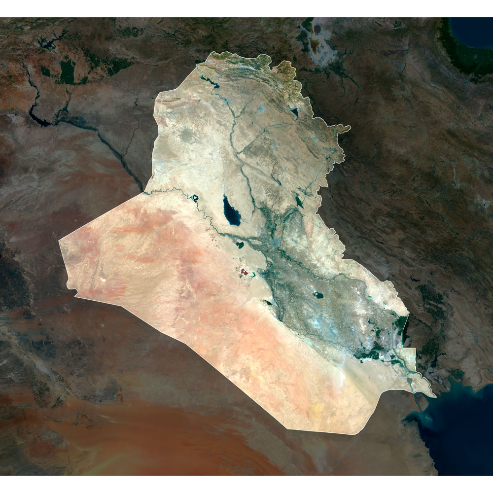 Iraq Satellite Map - Detailed Topography High-resolution Iraq satellite map displaying detailed topography.