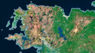 Satellite view of Ireland highlighting rolling hills and rugged coastlines.