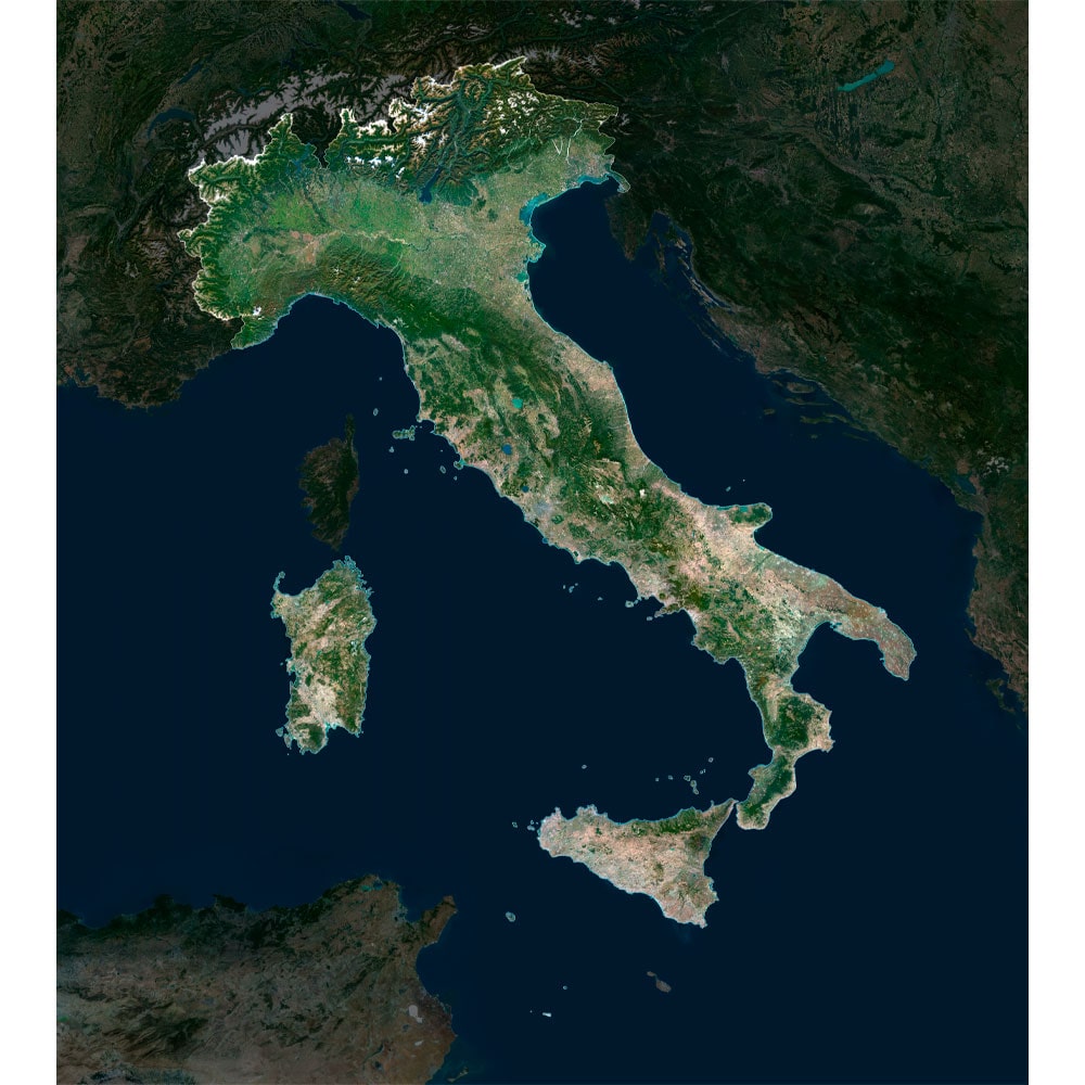 Italy Satellite Map - Detailed Topography High-resolution Italy satellite map displaying detailed topography.