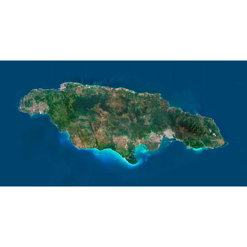 Jamaica Satellite Map - Detailed Topography High-resolution Jamaica satellite map displaying detailed topography.