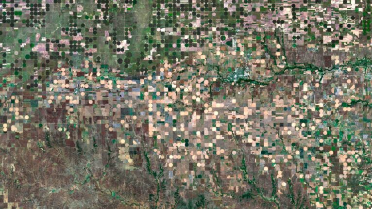 Custom project design using the Kansas satellite map for presentations and displays.