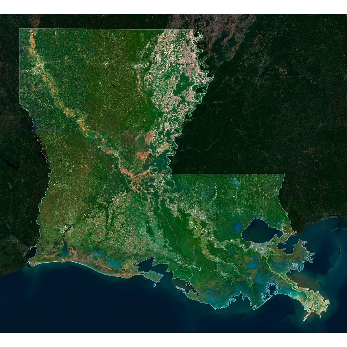 Detailed Louisiana Satellite Map Louisiana satellite map highlighting major rivers and geographical features.