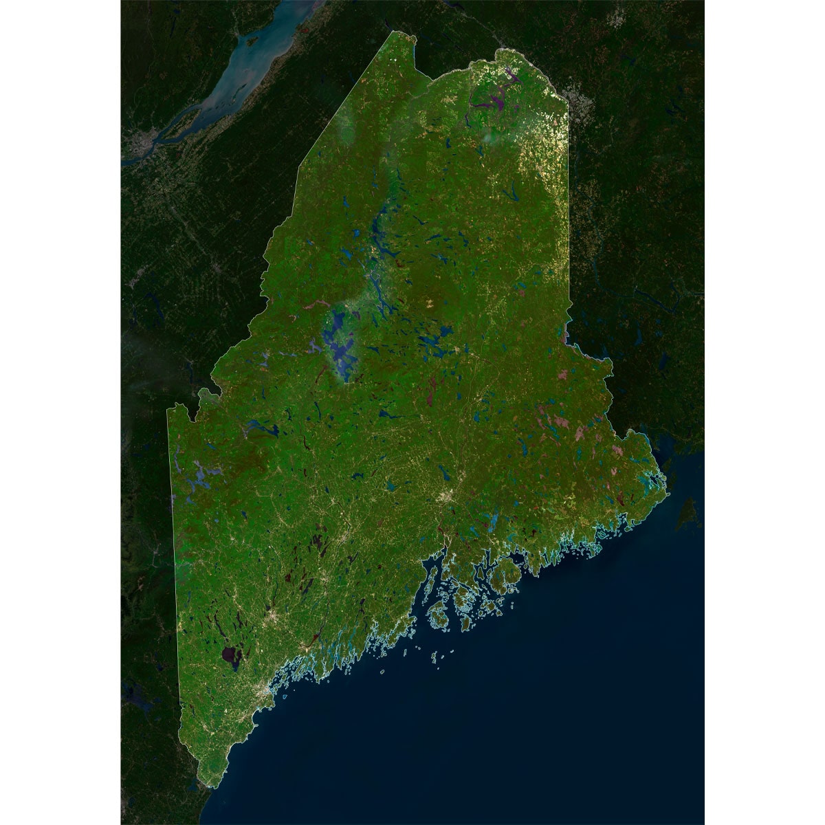 Maine Satellite Map Highlighting Major Landmarks Maine satellite map highlighting major landmarks and geographical features.
