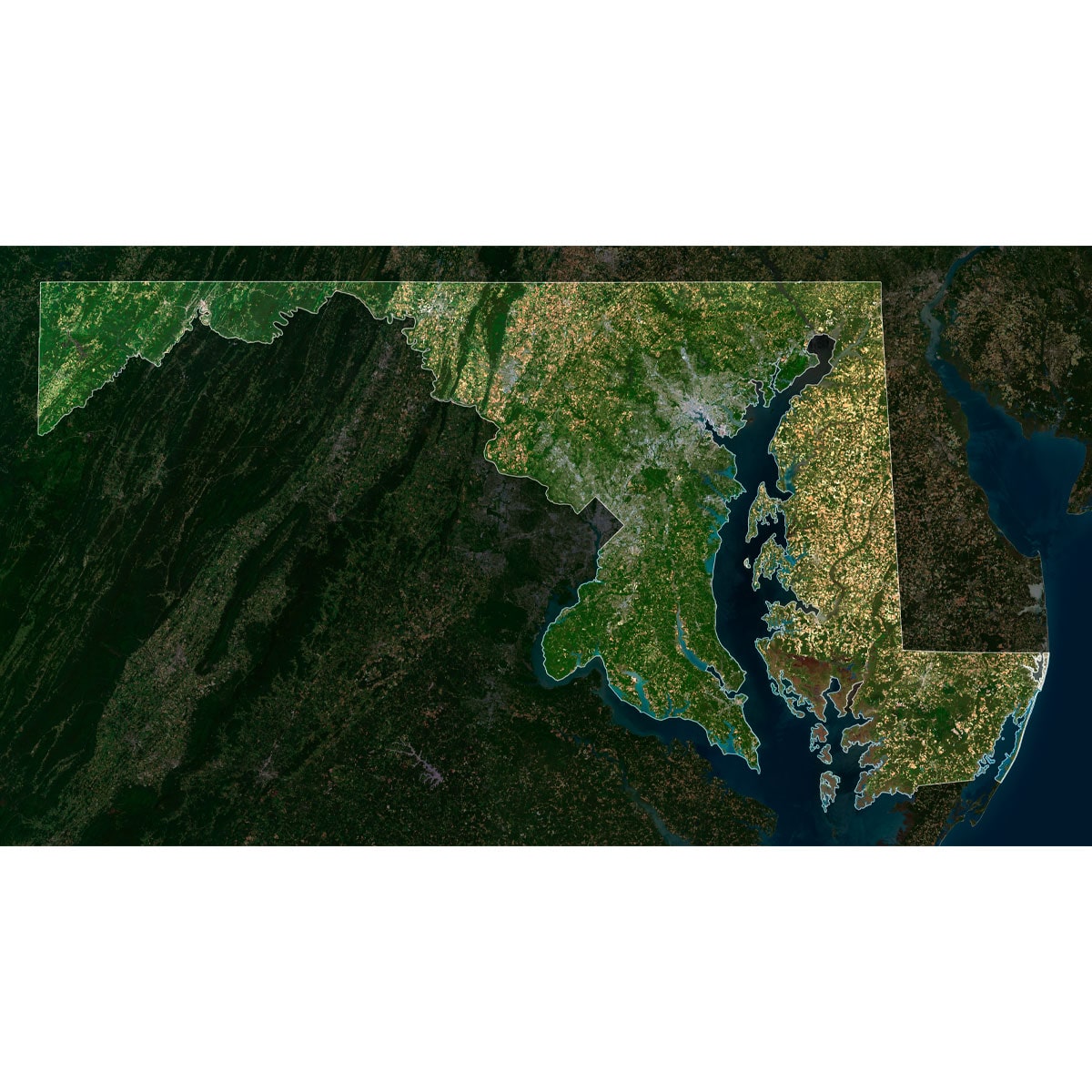 Maryland Satellite Map - Detailed View High-resolution Maryland satellite map displaying detailed topography and landmarks.