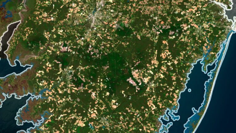 Decorative piece featuring a satellite map of Maryland’s diverse landscapes.