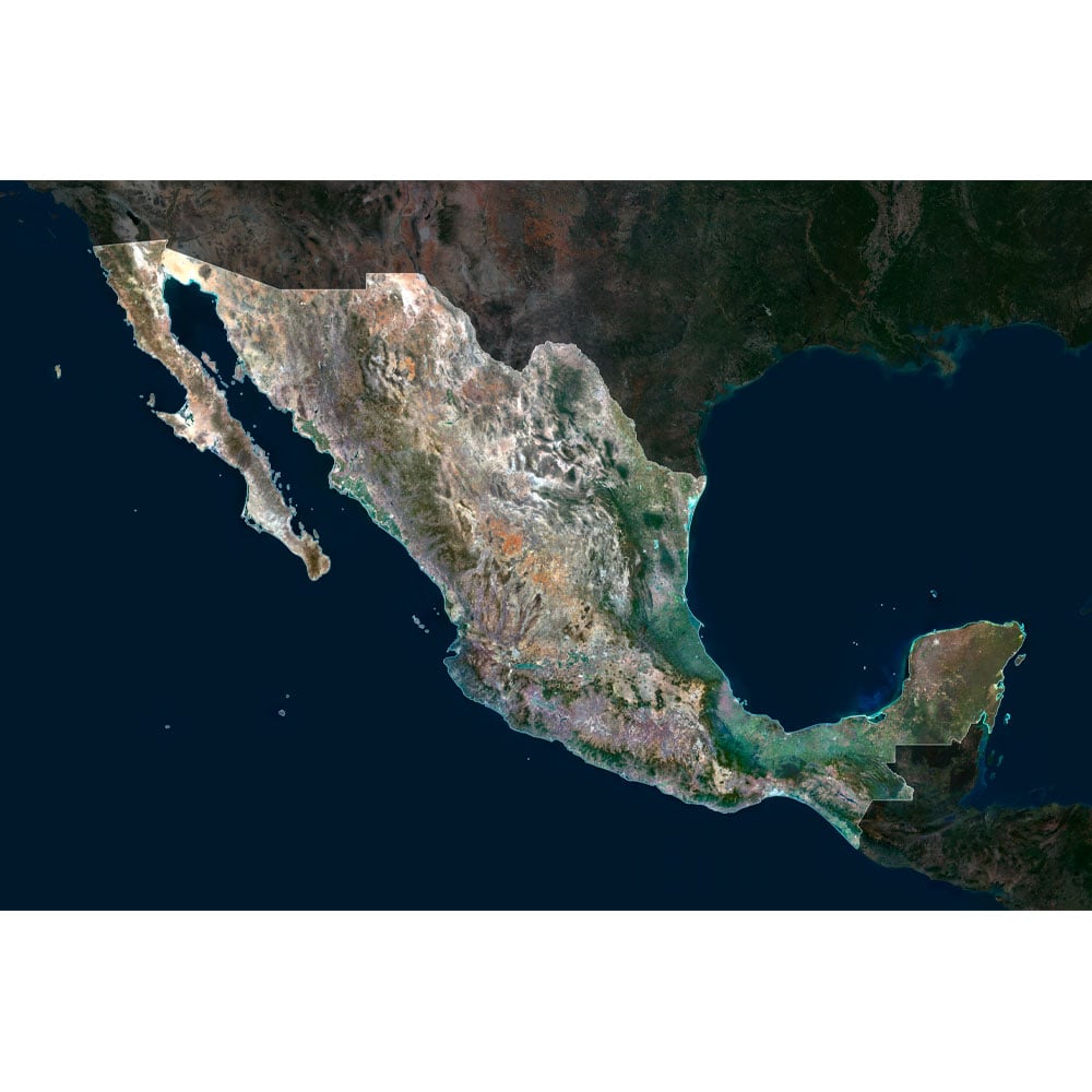 Mexico Satellite Map - Detailed Topography High-resolution Mexico satellite map displaying detailed topography.