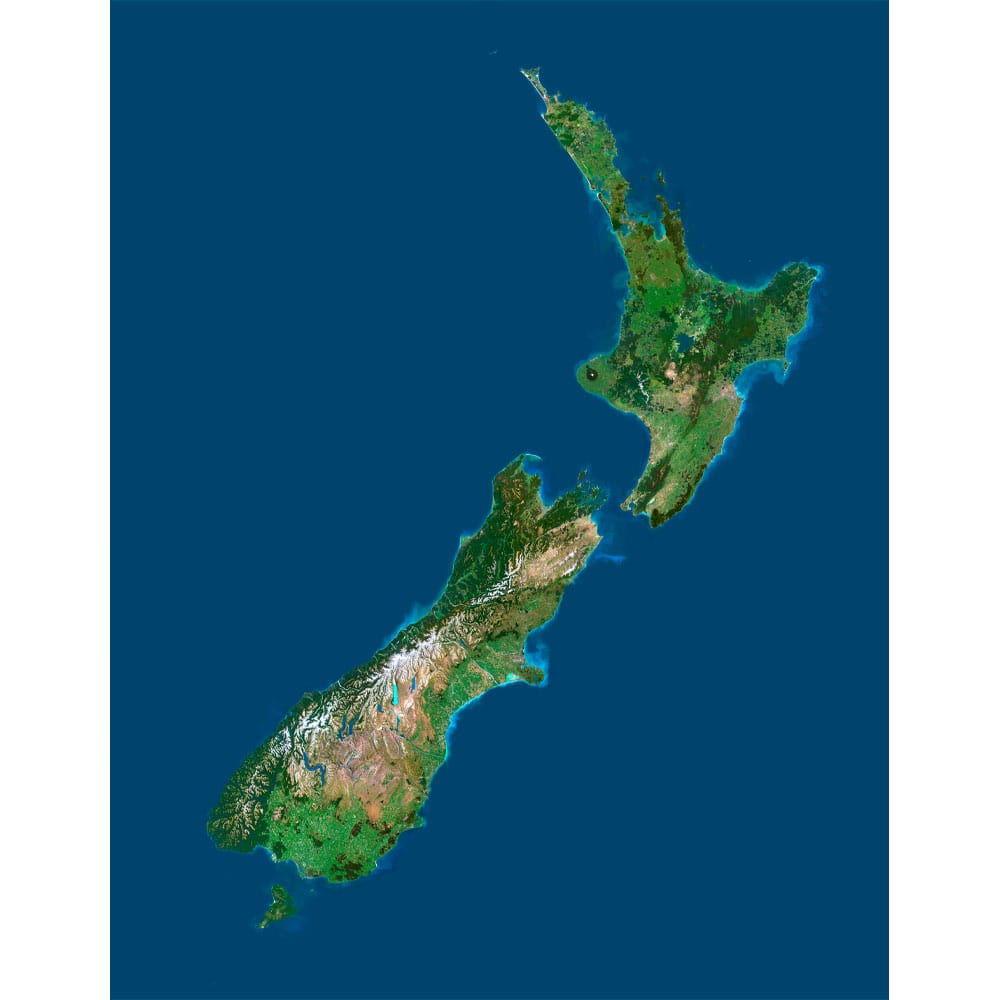 New Zealand Satellite Map - Detailed Topography High-resolution New Zealand satellite map displaying detailed topography.