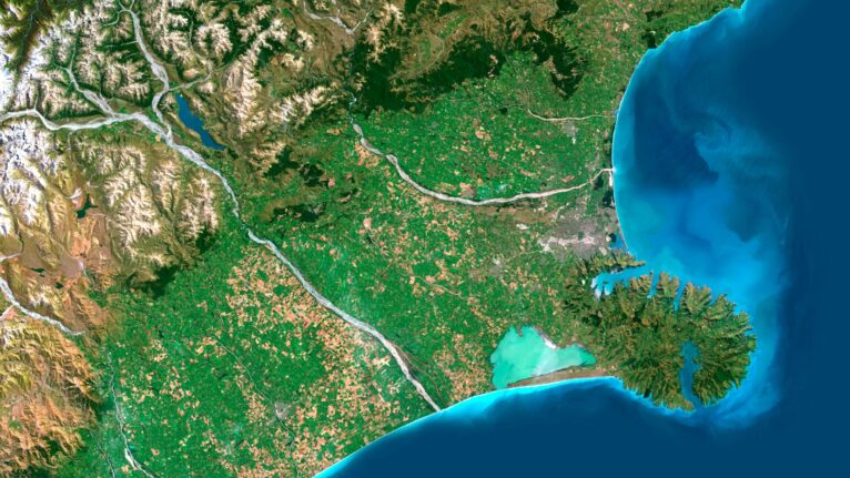 Aerial map of New Zealand, providing a high-resolution satellite view of the country’s landscapes and topographic features.