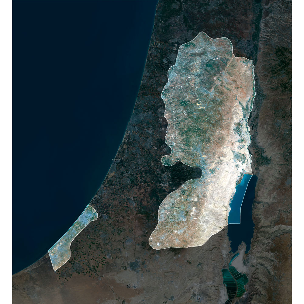 Palestine Satellite Map - Detailed Topography High-resolution Palestine satellite map displaying detailed topography.