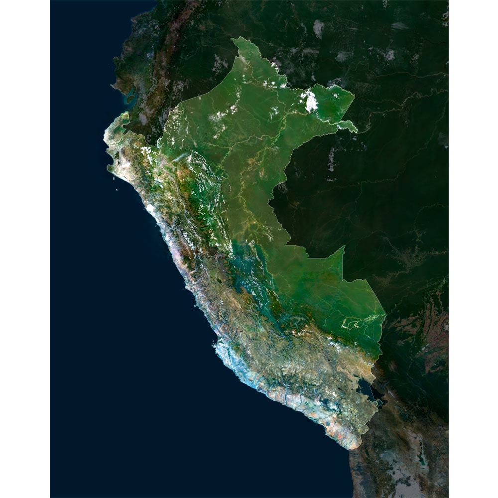 Peru Satellite Map - Detailed Topography High-resolution Peru satellite map displaying detailed topography.