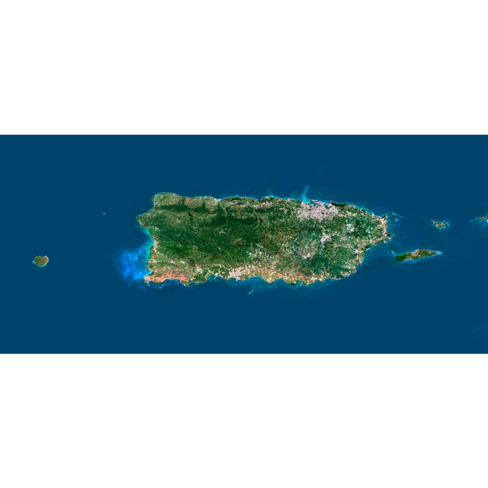 Puerto Rico Satellite Map - Detailed Topography High-resolution Puerto Rico satellite map displaying detailed topography.