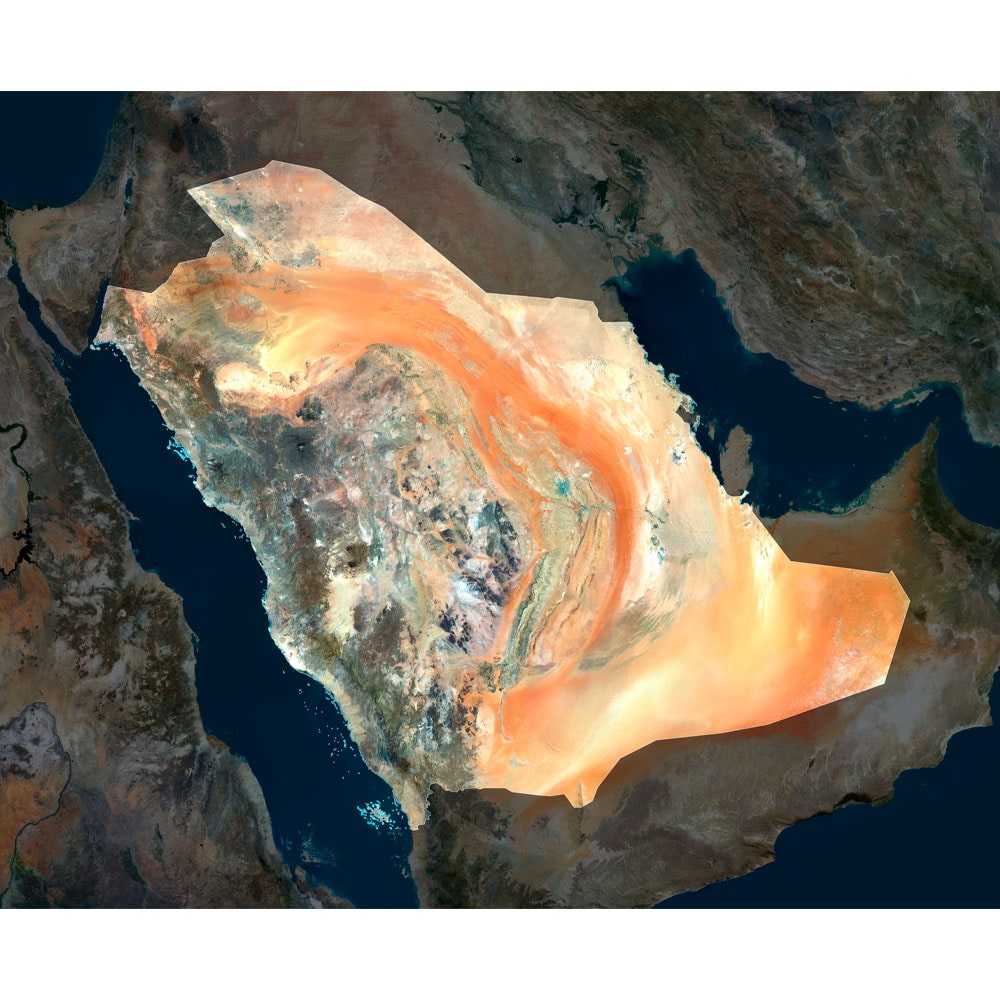 Saudi Arabia Satellite Map - Detailed Topography High-resolution Saudi Arabia satellite map displaying detailed topography.