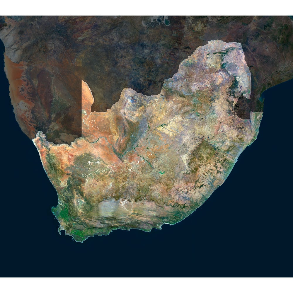 South Africa Satellite Map - Detailed Topography High-resolution South Africa satellite map displaying detailed topography.