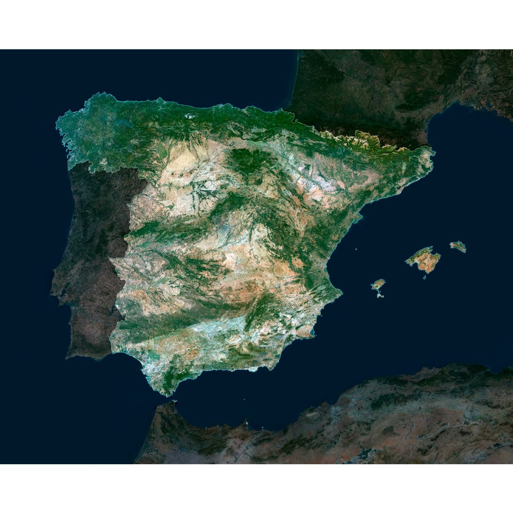 Spain Satellite Map - Detailed Topography High-resolution Spain satellite map displaying detailed topography.