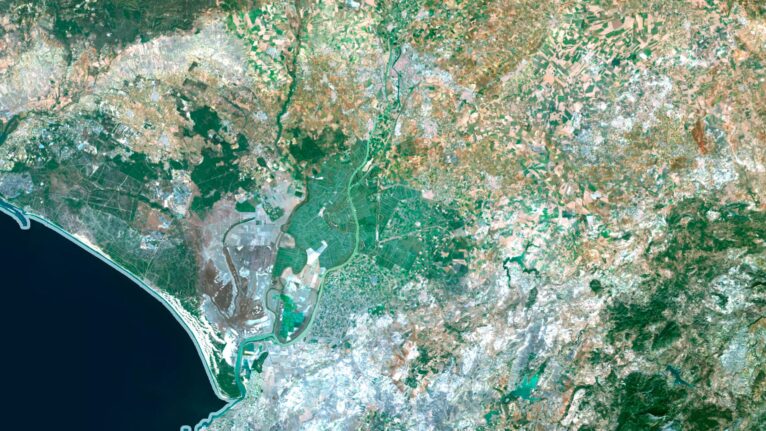 Decorative piece featuring a satellite map of Spain’s natural landscapes.