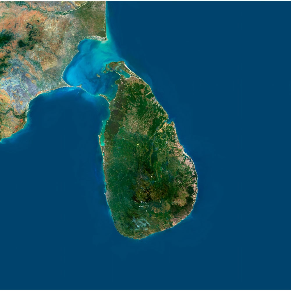Sri Lanka Satellite Map - Detailed Topography High-resolution Sri Lanka satellite map showing detailed topography and natural features.
