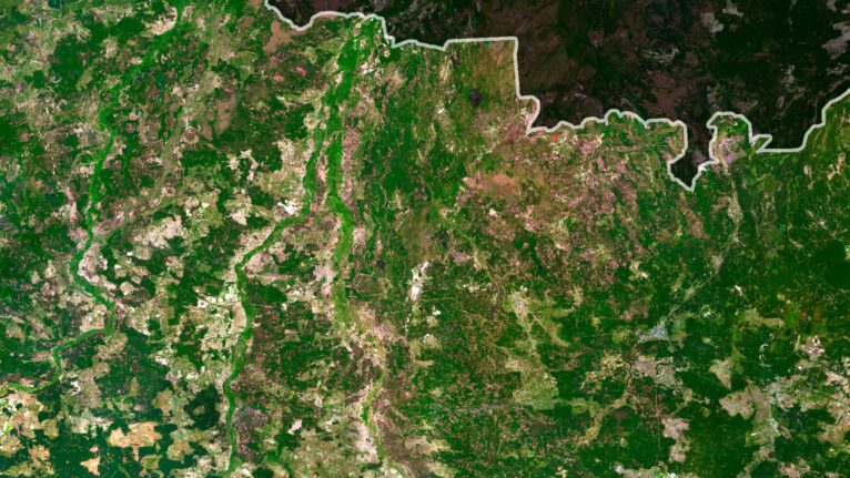 Satellite view of Ukraine highlighting the Carpathian Mountains and Black Sea coast.