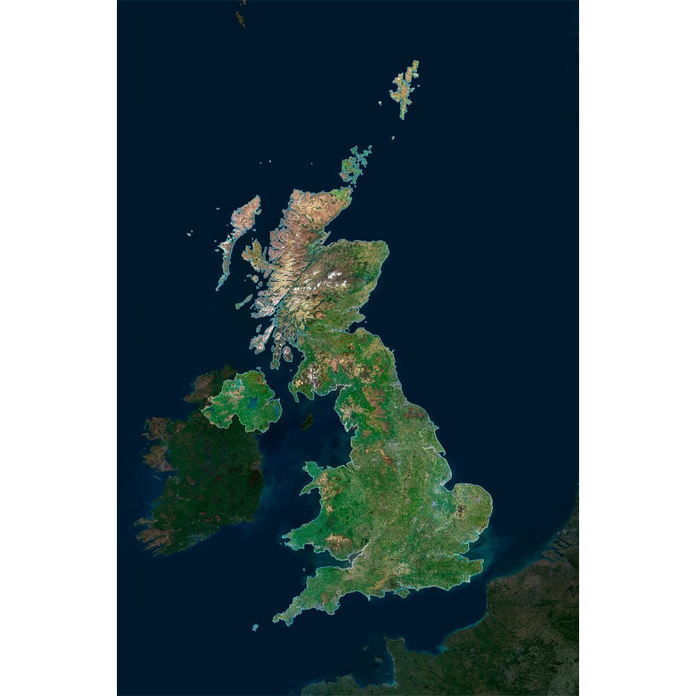 United Kingdom Satellite Map - Detailed Topography High-resolution United Kingdom satellite map displaying detailed topography.